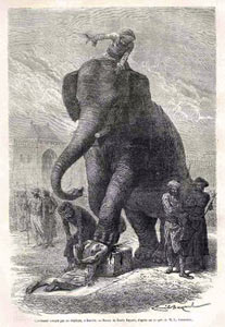 Imagem de uma pintura de um homem tendo a cabeça esmagada por um elefante