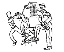 Ilustração de uma pessoa sendo alimentada por um tubo na garganda. O procedimento é feito por dois oficiais e a pessoa está amarrada em uma cadeira