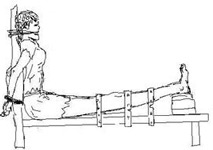 Ilustração de uma pessoa sentada, presa sobre uma bancada, amarrada e com blocos de tijolos sob os pés, que ficam levantados